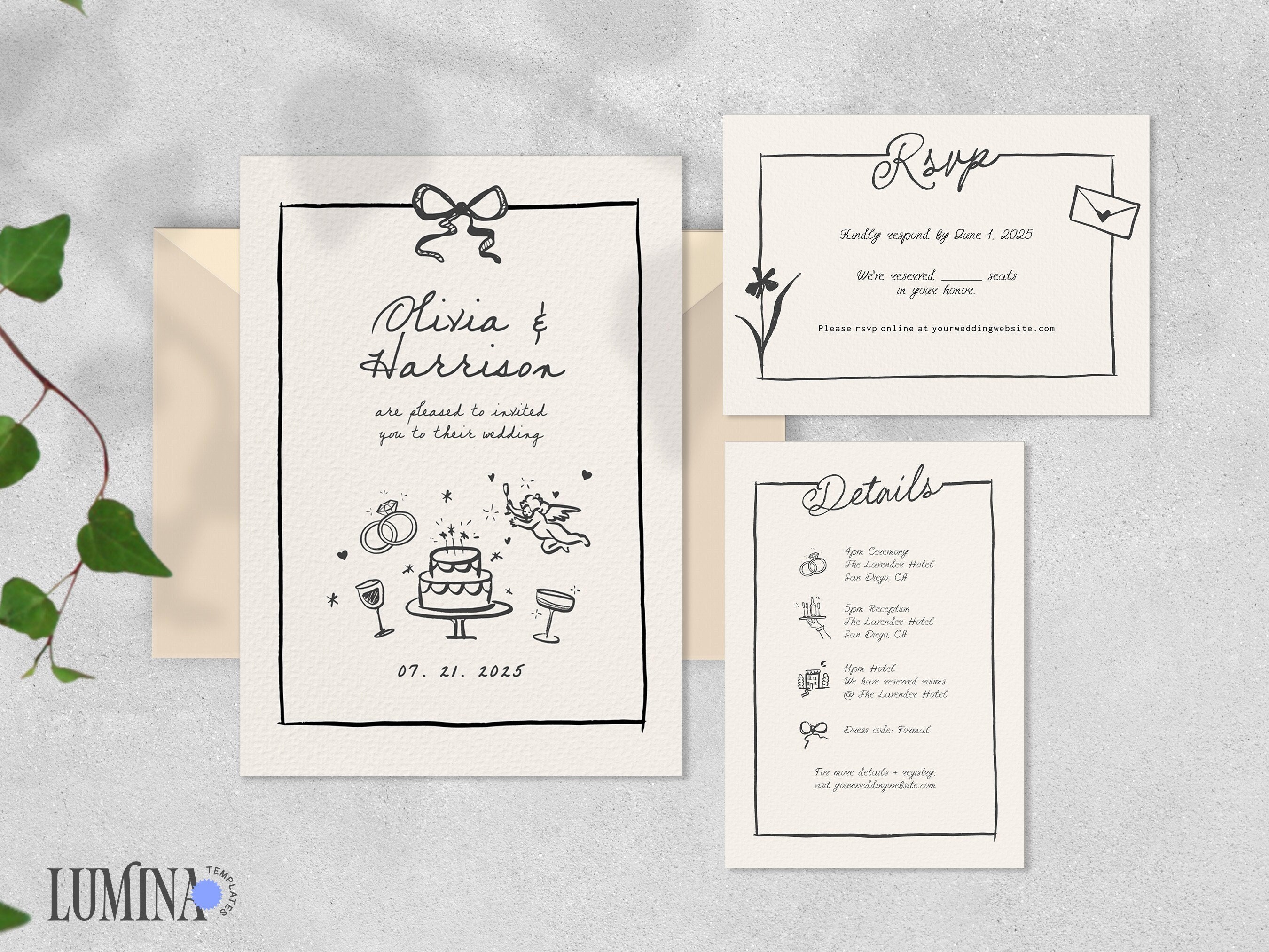 SET DE INVITACIONES DE BODA con RSVP, ilustración dibujada a mano, moño de  cinta de inspiración francesa extravagante, juego de invitaciones digitales  manuscritas peculiares / CL3 - Etsy México, image size:2700x2025