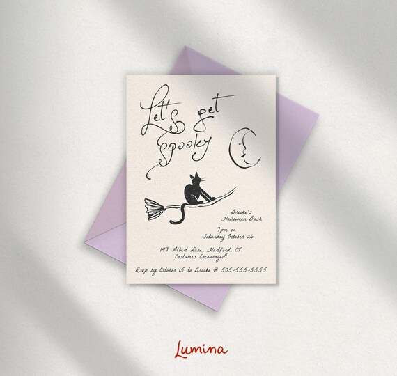WHIMSICAL HALLOWEEN INVITATION template, hand drawn cat on broom, witch, moon, handwritten, spooky cocktail party invite, quirky, editable