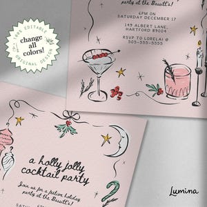 May include: A pink invitation card with a holly jolly cocktail party theme. The card features a festive illustration of a cocktail glass, a candy cane, and a crescent moon. The text on the card reads "a holly jolly cocktail party" and "Join us for a festive holiday party at the Bassitt's!"