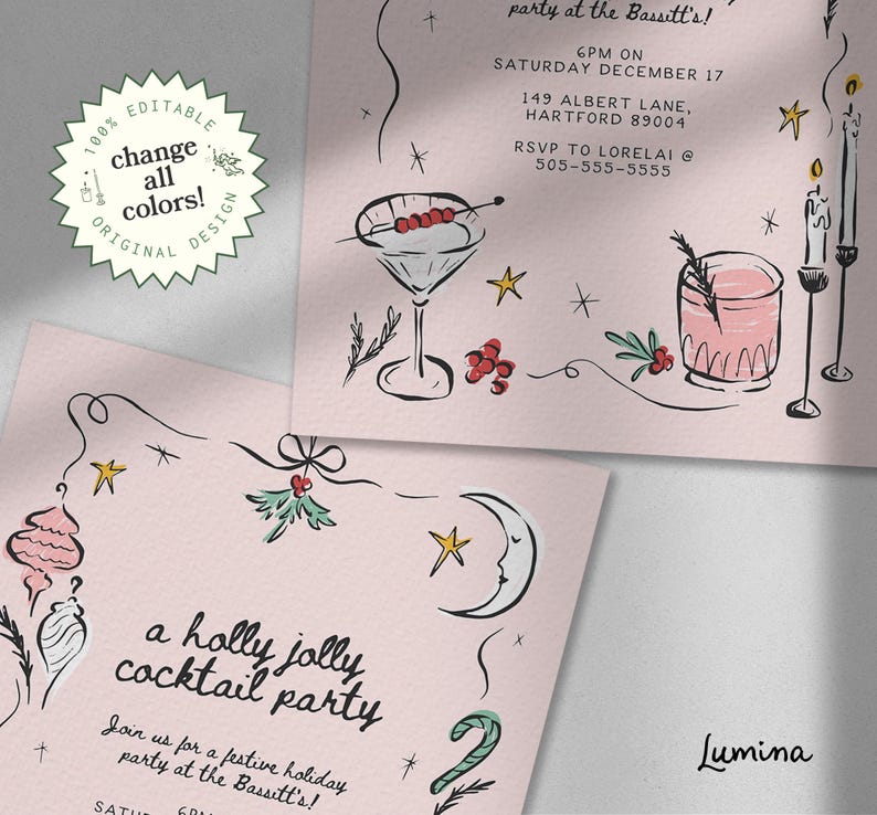 May include: A pink invitation card with a holly jolly cocktail party theme. The card features a festive illustration of a cocktail glass, a candy cane, and a crescent moon. The text on the card reads "a holly jolly cocktail party" and "Join us for a festive holiday party at the Bassitt's!"