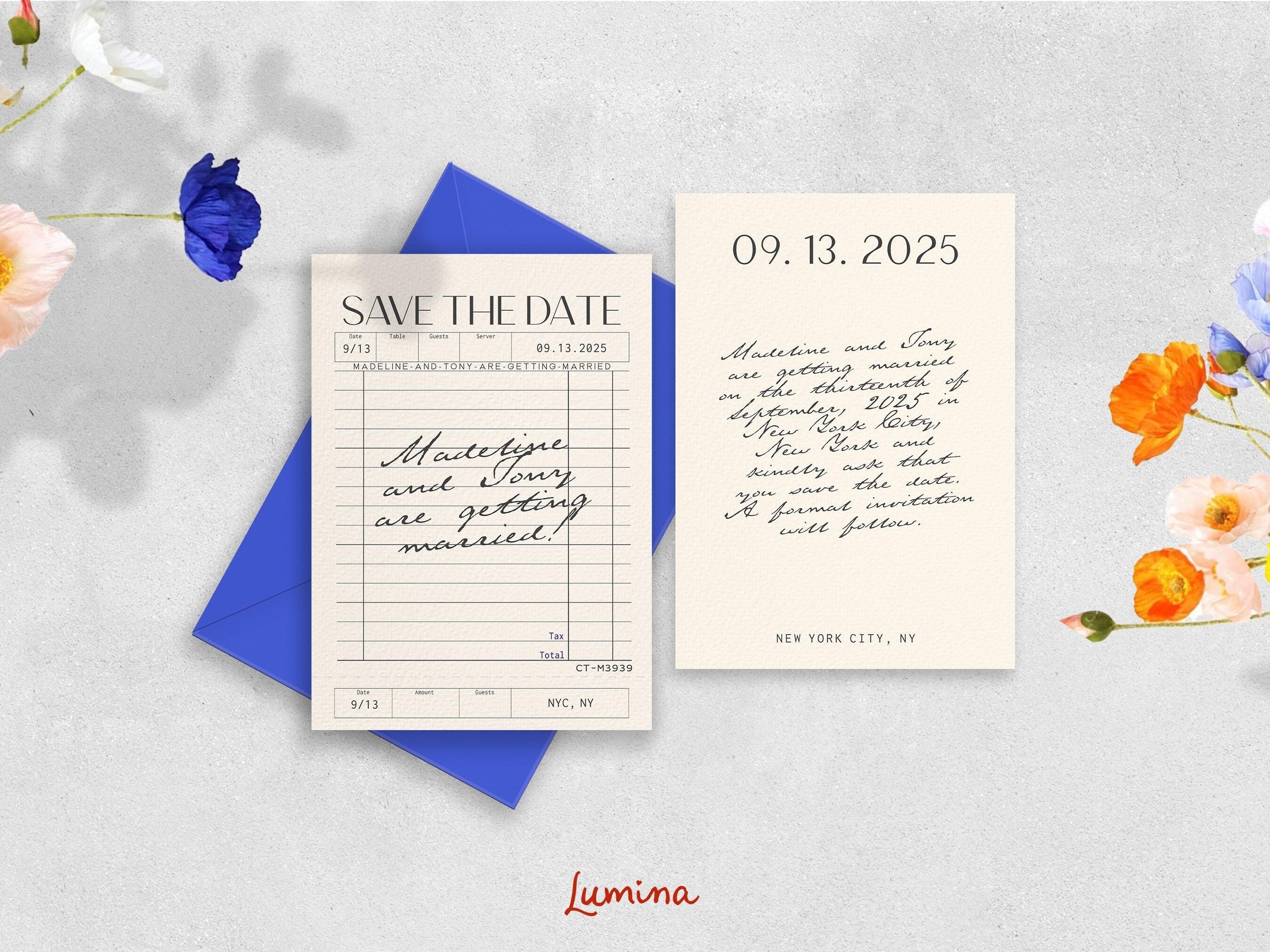 Guest Check Save the Date Template, retro wedding invitation, handwritten letter invite, digital card, vintage, quirky, old school, chic