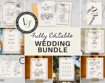 WEDDING TEMPLATES BUNDLE, hand drawn whimsical wedding suite, all in one wedding signage, french inspired whimsical illustrations | CL3