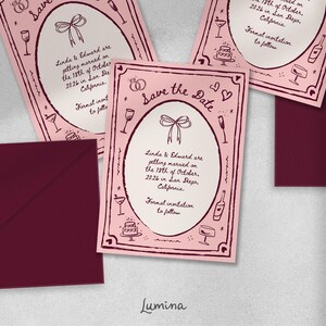 HANDGETROKKEN UITNODIGINGSsjabloon, grillig roze bewaar deze datum, bewerkbare handgeschreven feestuitnodiging, cocktailillustratie, Victoriaanse vintage