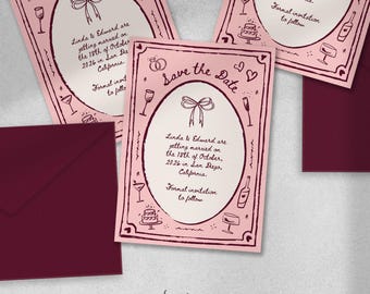 Pode incluir: Cartão rosa de guardar a data com um oval branco no centro. O texto diz "Save the Date" com um coração e um laço. O texto dentro do oval diz "Linda & Edward casam-se no dia 18 de outubro de 2026 em San Diego, Califórnia. Convite formal a seguir."