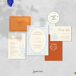 May include: Wedding invitation suite with a blue and white patterned design. The invitation features the names "Amy Rae" and "Richard Boyer" in a blue script font. The RSVP card says "Please RSVP".