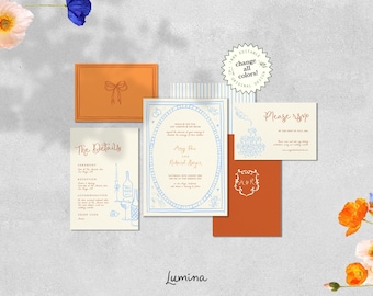 WEDDING INVITATION SET with rsvp, colorful hand painted watercolor style handwriting, whimsical summer, editable hand drawn, scribble | HP1