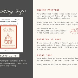 May include: A printable wedding invitation template with a red and white cake illustration and the text "Lucy & Steven". The template includes instructions for printing at home, online, or at a local print shop. The text also includes a discount code for online printing.