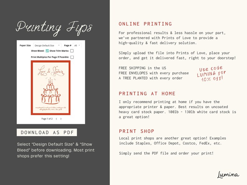 May include: A printable wedding invitation template with a red and white cake illustration and the text "Lucy & Steven". The template includes instructions for printing at home, online, or at a local print shop. The text also includes a discount code for online printing.