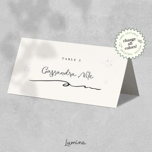 Plantilla de tarjeta de lugar caprichosa, etiqueta de nombre escrita a mano editable, plegable, fuente rizada peculiar, estilo acuarela, remolino caprichoso, cena de bodas