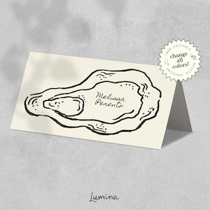 Sjabloon OYSTER PLACE CARD, strandthema bruiloft, bewerkbaar handgeschreven naamplaatje, opvouwbaar, handgetekende, grillig, nautisch zwart-wit