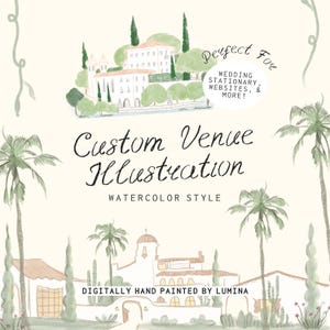 Może przedstawiać: Ilustracja w stylu akwareli z niestandardowym miejscem z dwoma projektami architektonicznymi i palmami. Tekst brzmi "Custom Venue Illustration" i "Digitally Hand Painted by Lumina".