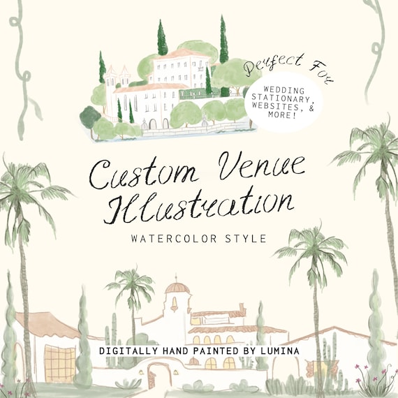CUSTOM VENUE ILLUSTRATION, wedding venue drawing, bespoke illustration commission, watercolor, whimsical french inspired  *multi-color*