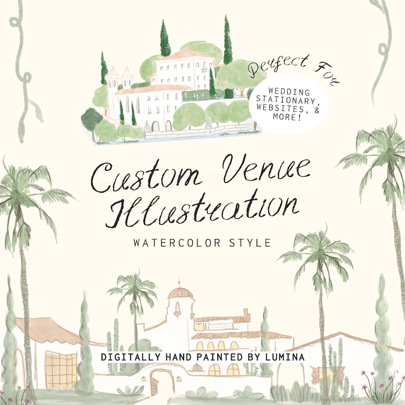 Może przedstawiać: Ilustracja w stylu akwareli z niestandardowym miejscem z dwoma projektami architektonicznymi i palmami. Tekst brzmi "Custom Venue Illustration" i "Digitally Hand Painted by Lumina".
