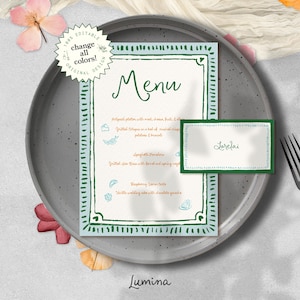 Modelo de MENU e CARTÃO DE LUGAR, conjunto de menu colorido pintado à mão, caligrafia editável, cartão de nome ilustrado em estilo aquarela, casamento caprichoso