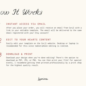 May include: How It Works: A three-step guide for using an editable template. Step 1: Instant access via email. Step 2: Edit to your hearts content. Step 3: Download & print.