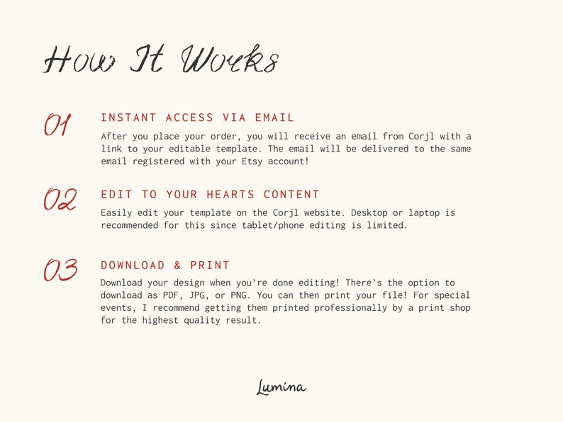May include: How It Works: A three-step guide for using an editable template. Step 1: Instant access via email. Step 2: Edit to your hearts content. Step 3: Download & print.