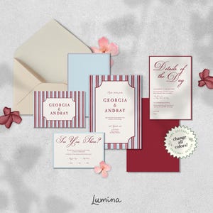 Modelli di SET INVITI PER MATRIMONIO, strisce vintage chic, rosso vino retrò, suite di inviti formali, dettagli e inserto per biglietti RSVP, eleganti, modificabili