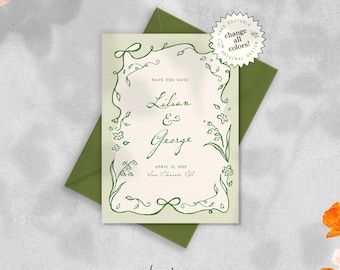 SAVE THE DATE Template, vintage handwritten wedding invitation, whimsical floral doodles, garden party waterfront, green floral border