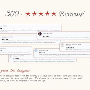 May include: A screenshot of a website with customer reviews and a message from the designer. The reviews are all positive and include five stars. The message from the designer says "With designs made from the heart, I always want to make sure you have what you need for your special day. I'm always just a message away if you need help, or want to request a custom design."