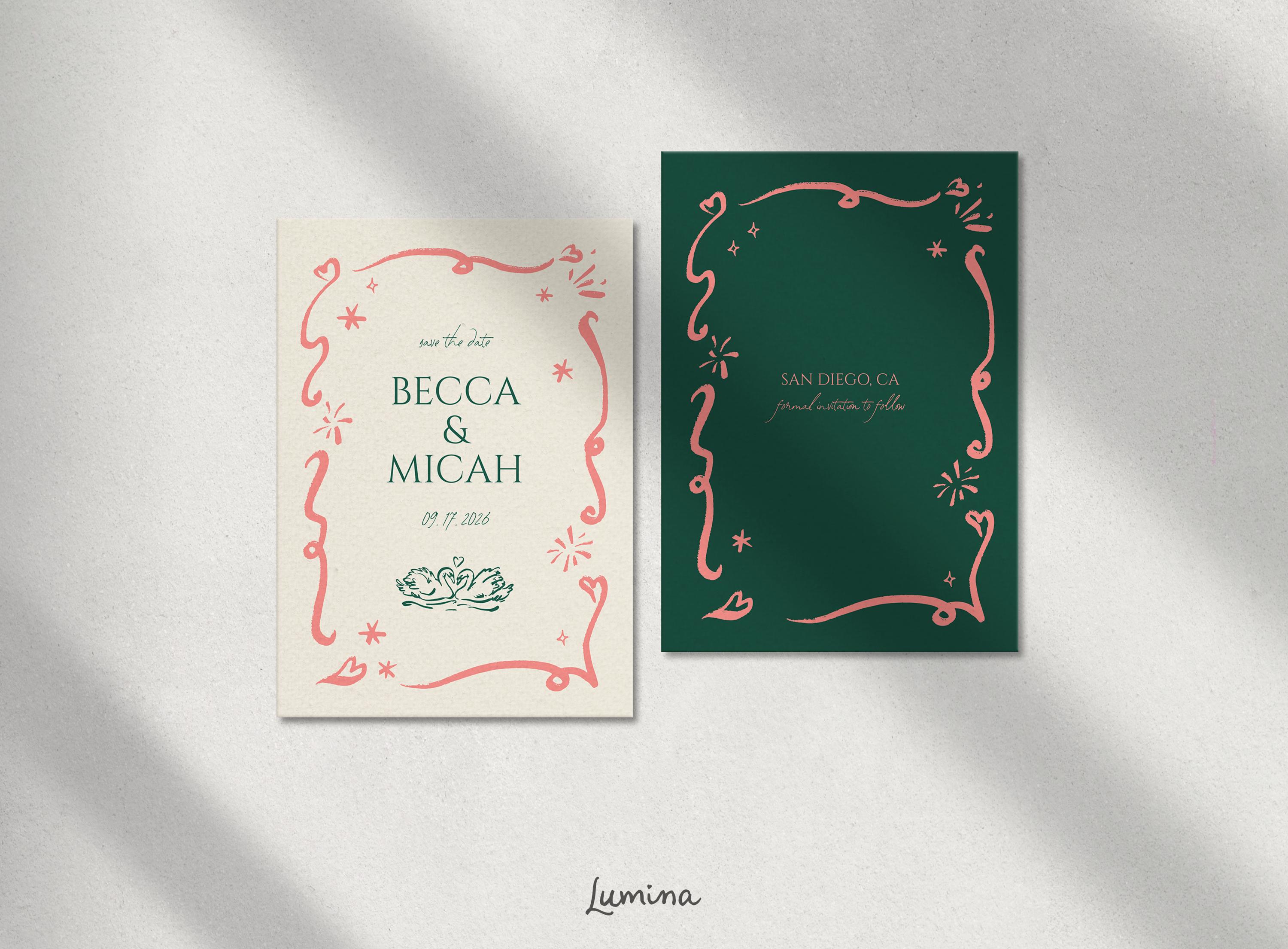 SAVE THE DATE Vorlage, handgezeichnete Hochzeitseinladung, zauberhaft französisch inspiriert, Schwan Illustration, grün & rosa viktorianischer Stil, editierbar