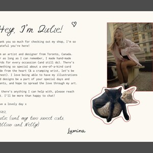 May include: A handwritten note on a cream-colored background with a pink heart symbol. The note says "Hey, I'm Julie!" and includes a message about the artist's work and a photo of two cats. The note is signed "Julie (and my two sweet cats, Willow and Nelly)" and "Lumina".