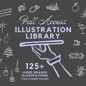 Może przedstawiać: Ręka trzymająca białą tacę z tekstem "Full Access Illustration Library" i "125+ Hand Drawn Illustrations *Can Change Colors!" Obraz jest otoczony r&oacute;żnymi ręcznie rysowanymi ilustracjami w kolorze białym na ciemnoszarym tle.