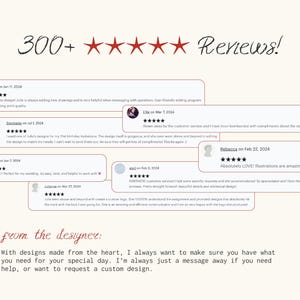 May include: A screenshot of a website with customer reviews and a message from the designer. The reviews are all positive and include five stars. The message from the designer says, "With designs made from the heart, I always want to make sure you have what you need for your special day. I'm always just a message away if you need help, or want to request a custom design."