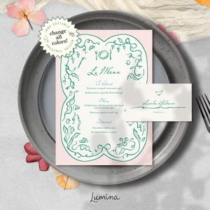 MENÜ & PLACE CARD Template, handgezeichnete wunderliche Weinbordüre, illustrierte florale Hochzeitskarte, sehr schöne handgeschriebene Karte