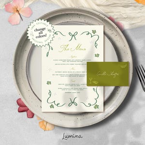 PLANTILLA DE MENÚ FLORAL, vides dibujadas a mano, moños y flores extravagantes, tarjeta de nombre, tarjeta de lugar con carpa, menú de boda con garabatos peculiares, colorido