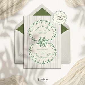 Plantilla para guardar la fecha, invitación de boda costera dibujada a mano, concha marina caprichosa, ilustración elegante, estética playera vintage / CT1