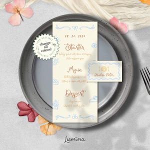 HAND PAINTED MENU Template, whimsical watercolor illustrations, garden party dinner, vintage handwritten quirky, hand drawn wedding, 4x9