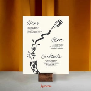 Modèle de menu bar et boissons, illustration ludique et originale, carte de cocktails de mariage, manuscrite, dessinée à la main géniale, signalisation d'événement, modifiable