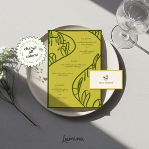 Modèle de MENU DU DÎNER D'ÉTÉ, menu illustré coloré et marque-place, table de mariage dessinée à la main, carte de visite moderne et funky, illustré | rubis