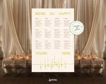 May include: A cream-colored wedding seating chart with green and red text. The chart is divided into twelve sections, each listing names. The top reads "WE'RE SO HAPPY" and "YOU'RE HERE". A small graphic of candles is at the bottom.