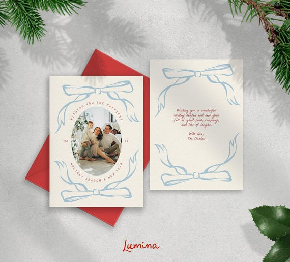 HOLIDAY PHOTO CARD template, hand drawn bow, whimsical chic, handwritten, 5x7, minimalist christmas family card, oval frame, blue and red