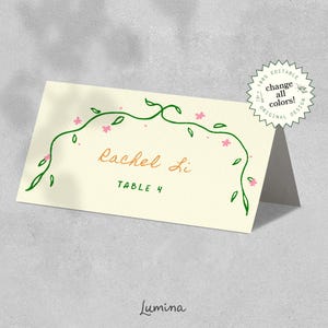 PLANTILLA DE TARJETA DE LUGAR, tarjeta de nombre de boda manuscrita editable, ilustración caprichosa de fiesta en el jardín, enredaderas dibujadas a mano, manuscrita / GP1