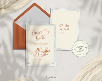 SAVE THE DATE Template, whimsical hand drawn wedding invitation, funky handwritten, scribble bespoke, colorful, dancing couple doodle | HP1