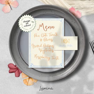 Modelo de MENU e CARTÃO DE LUGAR, conjunto de verão colorido pintado à mão, caligrafia editável, cartão de nome ilustrado em aquarela, casamento caprichoso