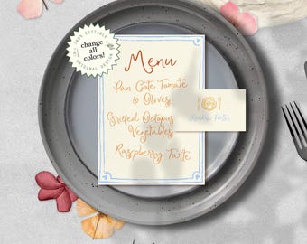 MENU & PLACE CARD Template, colorful hand painted summer set, editable handwriting, watercolor illustrated name card, whimsical wedding