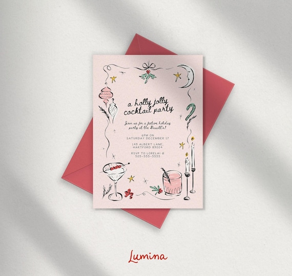 HOLIDAY PARTY INVITE Template, hand drawn Christmas cocktail party, whimsical scribble illustrations, colorful invitation, festive, cute