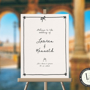 WEDDING WELCOME SIGN Template, black & white whimsical bow, hand drawn poster, scribble drawing border, french inspired event sign | CL3