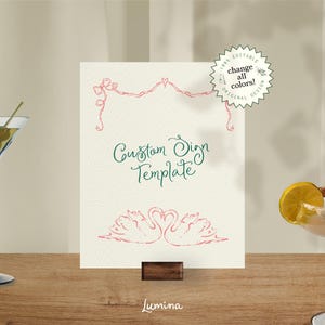 WHIMSICAL SIGN TEMPLATE, handgezeichnetes bearbeitbares benutzerdefiniertes Schild, küssende Schwäne Illustration, Hochzeitsbeschilderung, zauberhaftes, niedliches, schickes druckbares | LM0