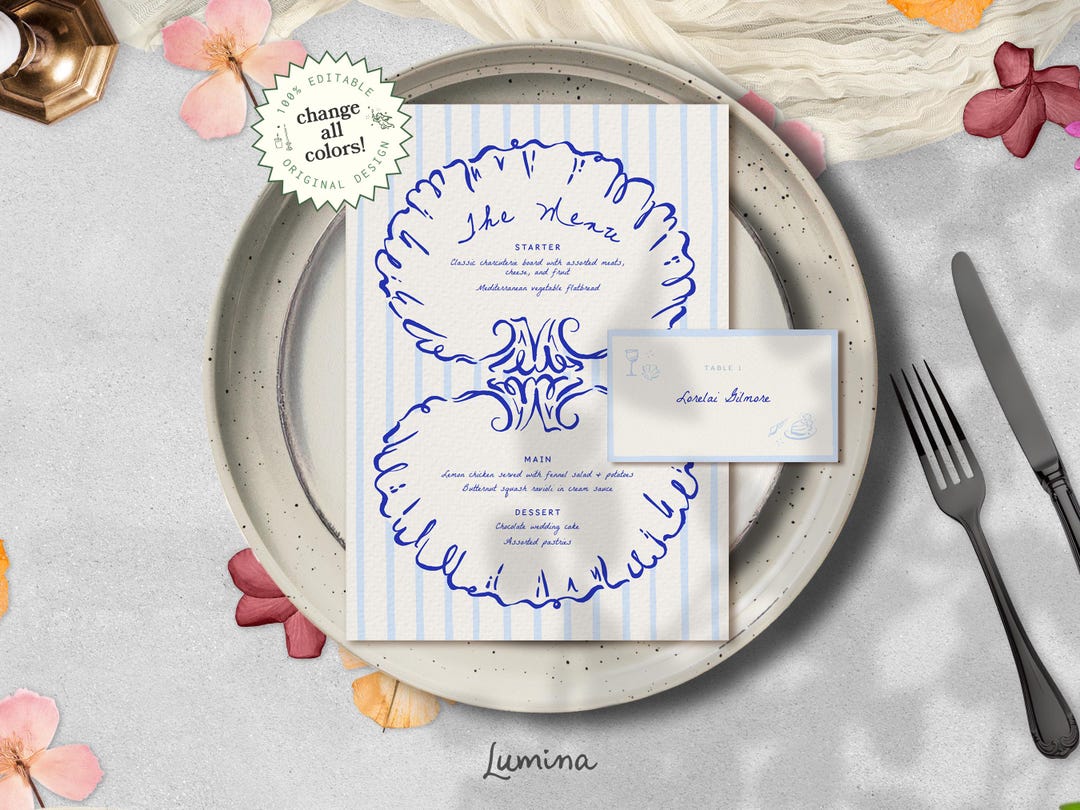 SHELL MENU TEMPLATE, Hand Drawn Coastal Wedding Menu, Blue Place Card ...