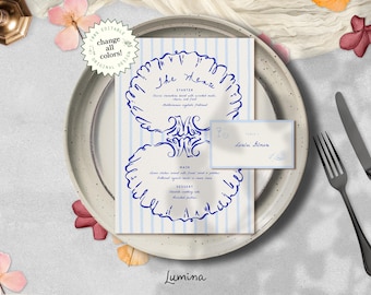 SHELL MENU TEMPLATE, hand drawn coastal wedding menu, blue place card, whimsical stripes, destination, beachy, quirky seashell illustration