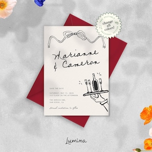 SAVE THE DATE Template, hand drawn wedding invitation, scribble illustration, whimsical bow border, whimsical quirky black and white