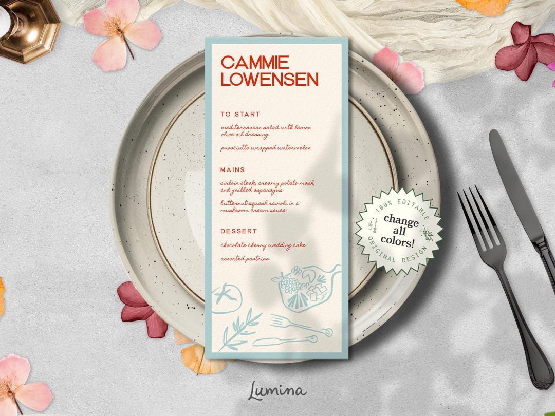 PERSONALIZED MENU With Names Template, Colorful Hand Drawn Wedding ...