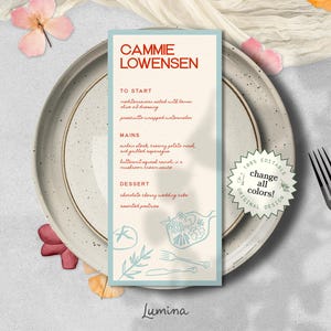 MENU PERSONNALISÉ avec modèle de noms, dîner de mariage coloré dessiné à la main, menu d'été moderne, illustrations de griffonnages, manuscrit | rubis