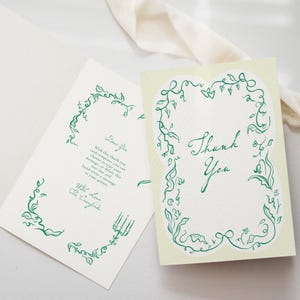 Skurrile Dankeskarten-Vorlage, illustrierte Klappkarte, handgezeichnet, Grün, Reben, Blumen, viktorianisch handgeschrieben, bearbeitet, Hochzeit
