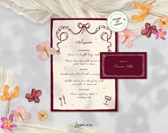 MENU & NAME CARD Template, hand drawn French inspired wedding menu, whimsical victorian handwritten, plum name card, vintage bow, chic