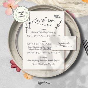 Modèle MENU & PLACE CARD, menu de mariage manuscrit vintage, inspiré d'un café français chic, fantaisiste dessiné à la main, illustrations de vin aux bougies W3
